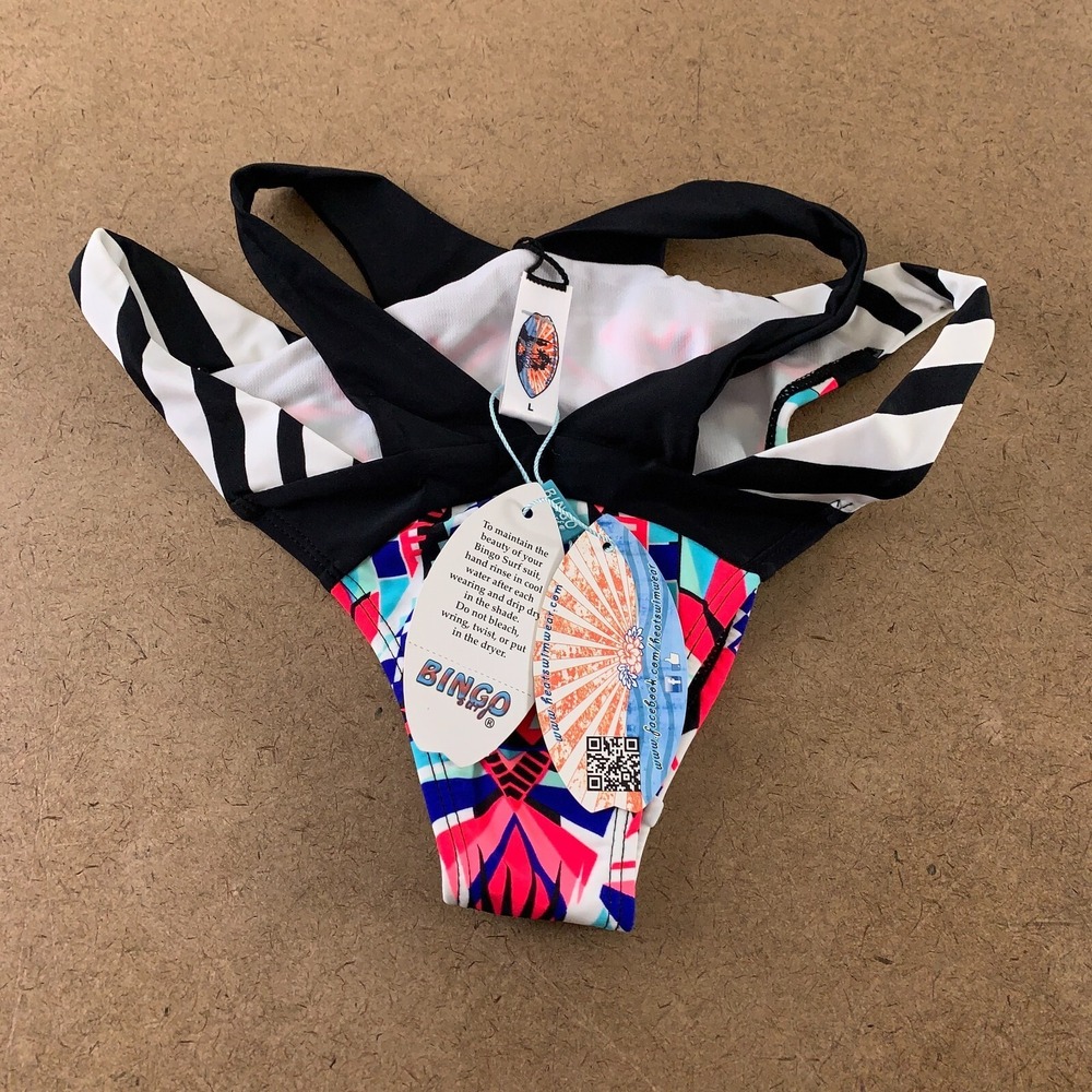Bingo Surf Women's Large Colorful Print Strappy Waist Bikini Swim Bottom NWT